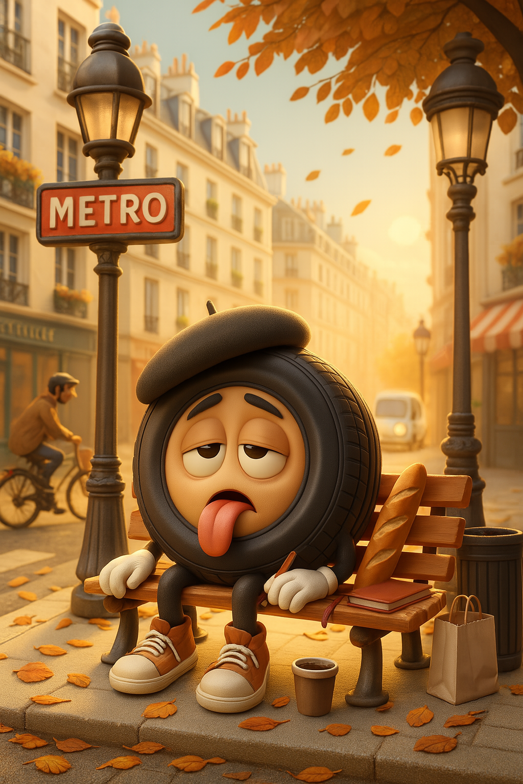 AI-generated illustration of a tired round character on a bench in a Paris street in autumn