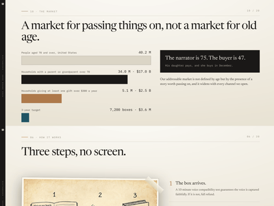 Investor pitch deck slides with a bold headline and a three-step layout