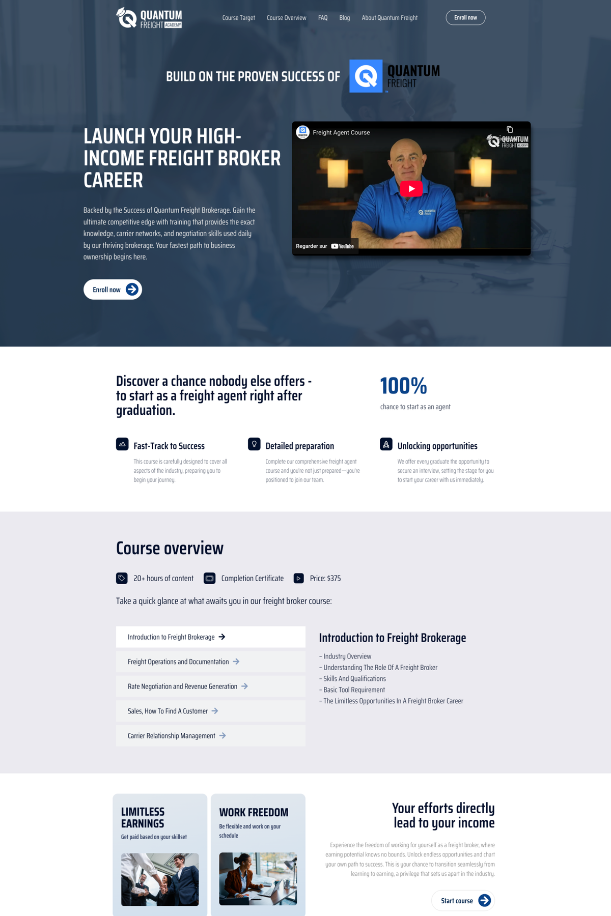 Landing page design with a video, a headline and an offer overview