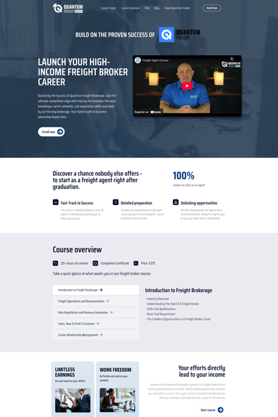 Landing page design with a video, a headline and an offer overview