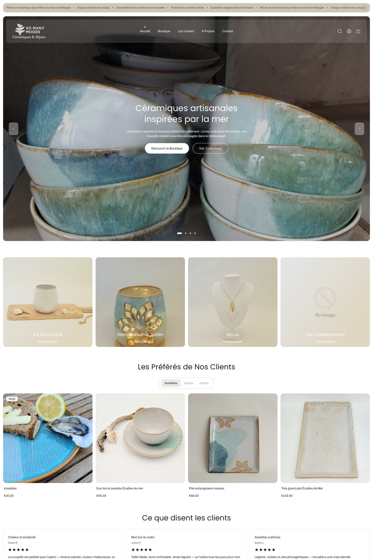 Online store page for handmade ceramics with a product grid