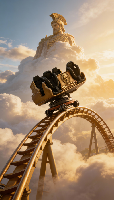 AI-generated vertical render of a roller coaster car rising through the clouds toward a statue